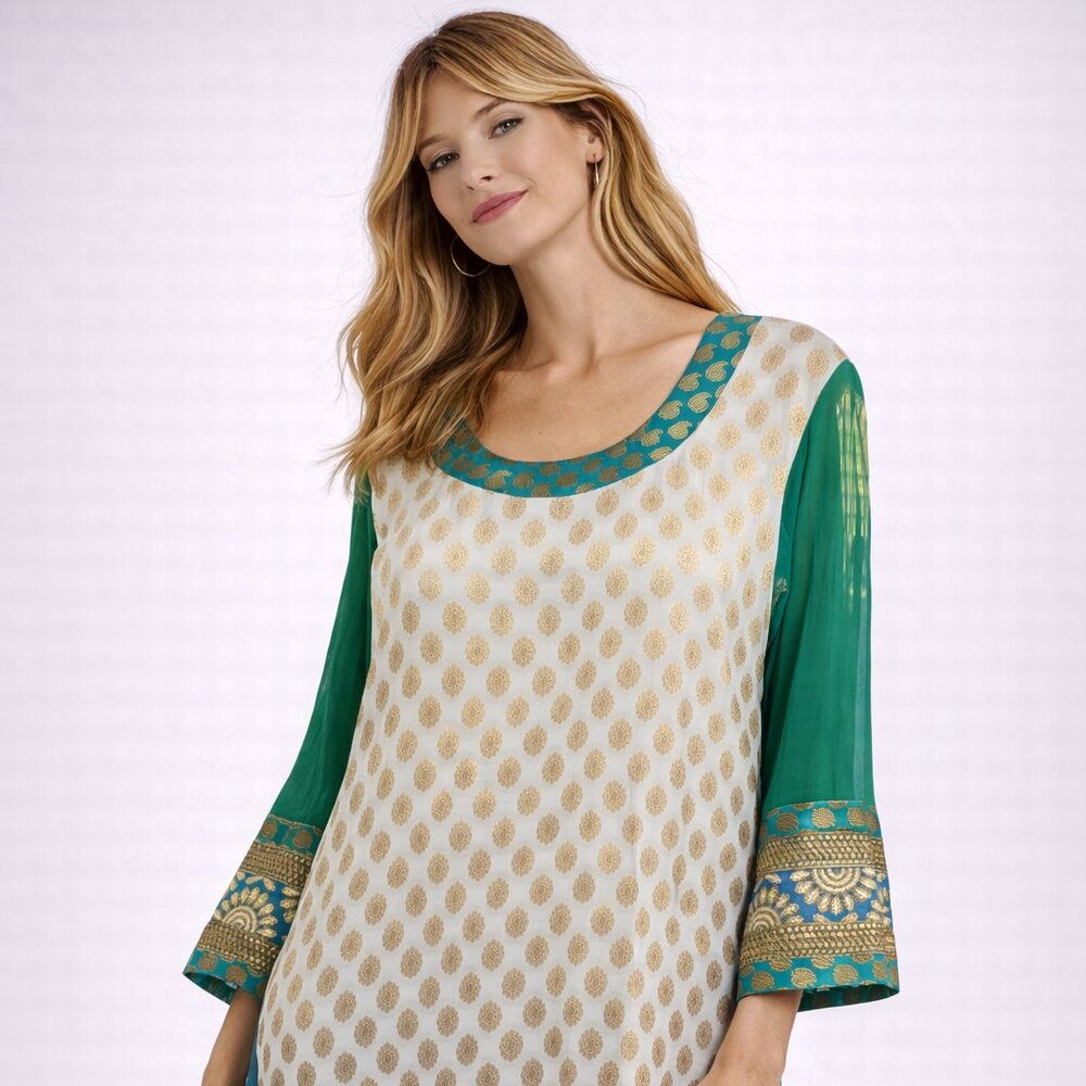 Fuchsia Designs Embroidered Kurta Tunic XXL White Teal Gold Brocade NWT